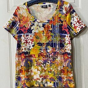 NEW Onque Casual Sz XL Womens Tee Shirt Short Sleeve Floral Rhinestones